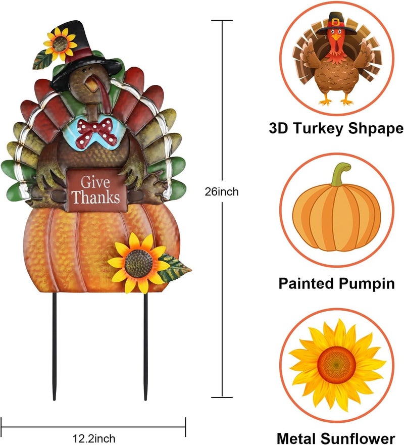 hogardeck Fall Decorations for Home Outdoor, Metal Turkey Decorative Garden Stakes with Pumpkin Sunflower for Fall Decor, Yard Signs for Garden Home Lawn Patio Thanksgiving Decorations - Image 4